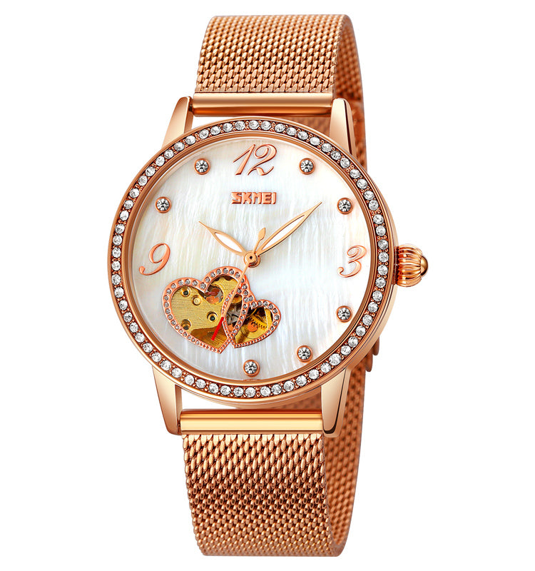 Rose Gold Luminous Watch With Mother-of-pearl Face And Diamonds - Dazpy