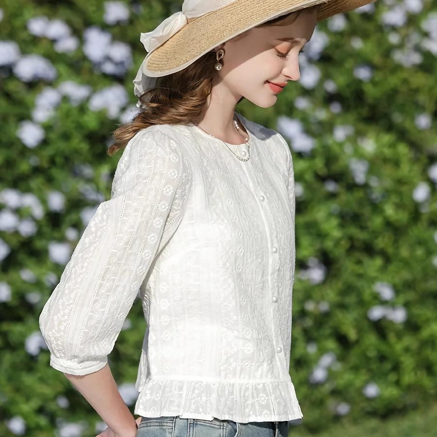 Elegant French Style White Cotton Puff Sleeve Blouse