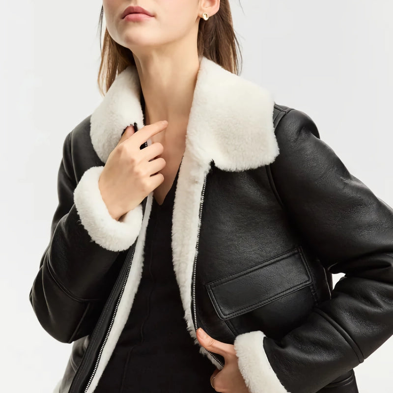 Minimalist Faux Leather Warm Jacket with Lapel Collar