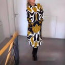 Round-Neck Printed Long-Sleeve Midi Dress