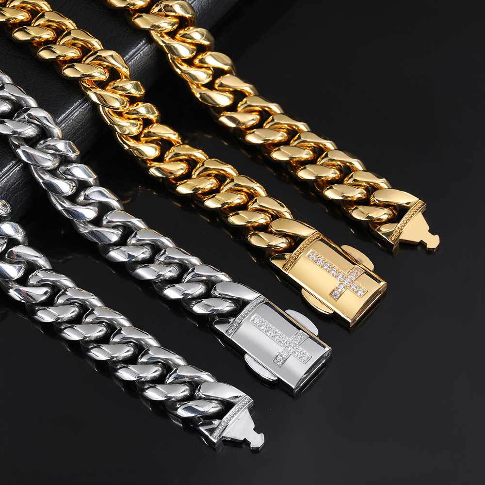 Stainless Steel Encrusted Zircon Spring Buckle Cuban Chain - Dazpy