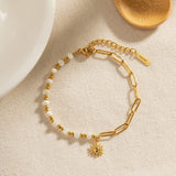 Elegante pulsera de cuentas con colgante de sol de acero inoxidable para mujer