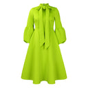 Puff-Sleeve Bow-Tie High-Waist Swing Midi Dress