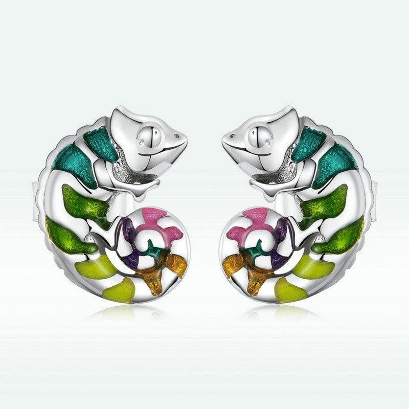 Sterling Silver S925 Chameleon Stud Colorful Drop Oil Plated Platinum Small Animal Fashion Earrings - Dazpy