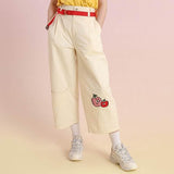 High-Waist Cotton Capris with Cartoon Fruit Embroidery