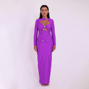 Vestido largo de satén con cintura alta y aberturas lateral, manga larga