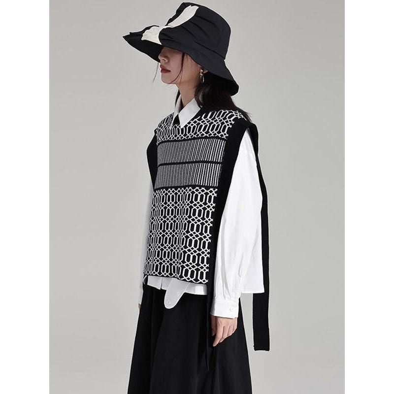 Black Irregular Pattern Knitting Vintage Vest