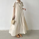Vestido largo de lino con corte en A y manga corta para mujer