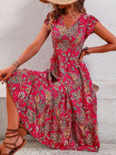 Vestido midi de corte en A con cuello en V y manga corta de acetato