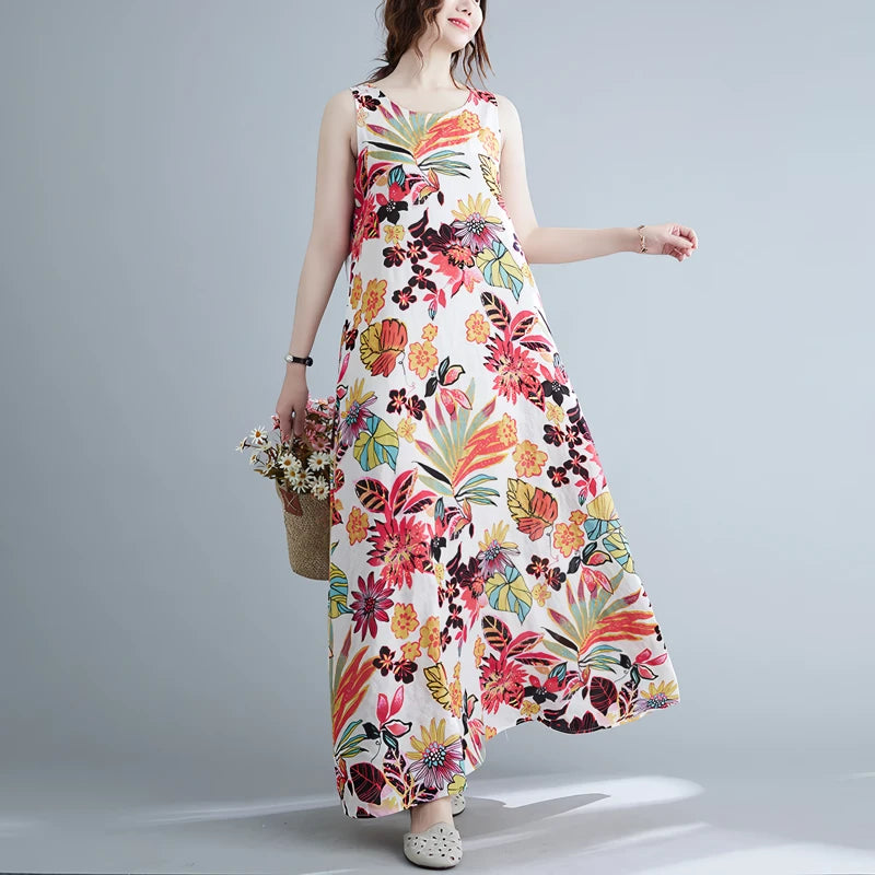 Floral Print Cotton Linen Long Dress