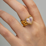 Anillo ajustable de corazón de sirena de acero inoxidable con cuentas de concha