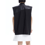 Chic Wide-Shoulder V-Neck PU Leather Patchwork Waistcoat