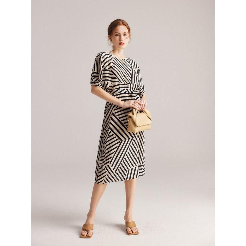 Elegant Striped Silk Mid-Calf Dress with Batwing Sleeves