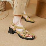 Sommerliche Retro-Ledersandalen mit quadratischem Absatz für Damen