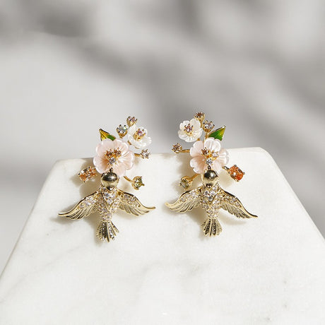 Bird Natural Shell Zircon Stereo Silver Needle Earring Female - Dazpy