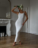 Women's White Ribbed Fitted Strap Maxi Dress