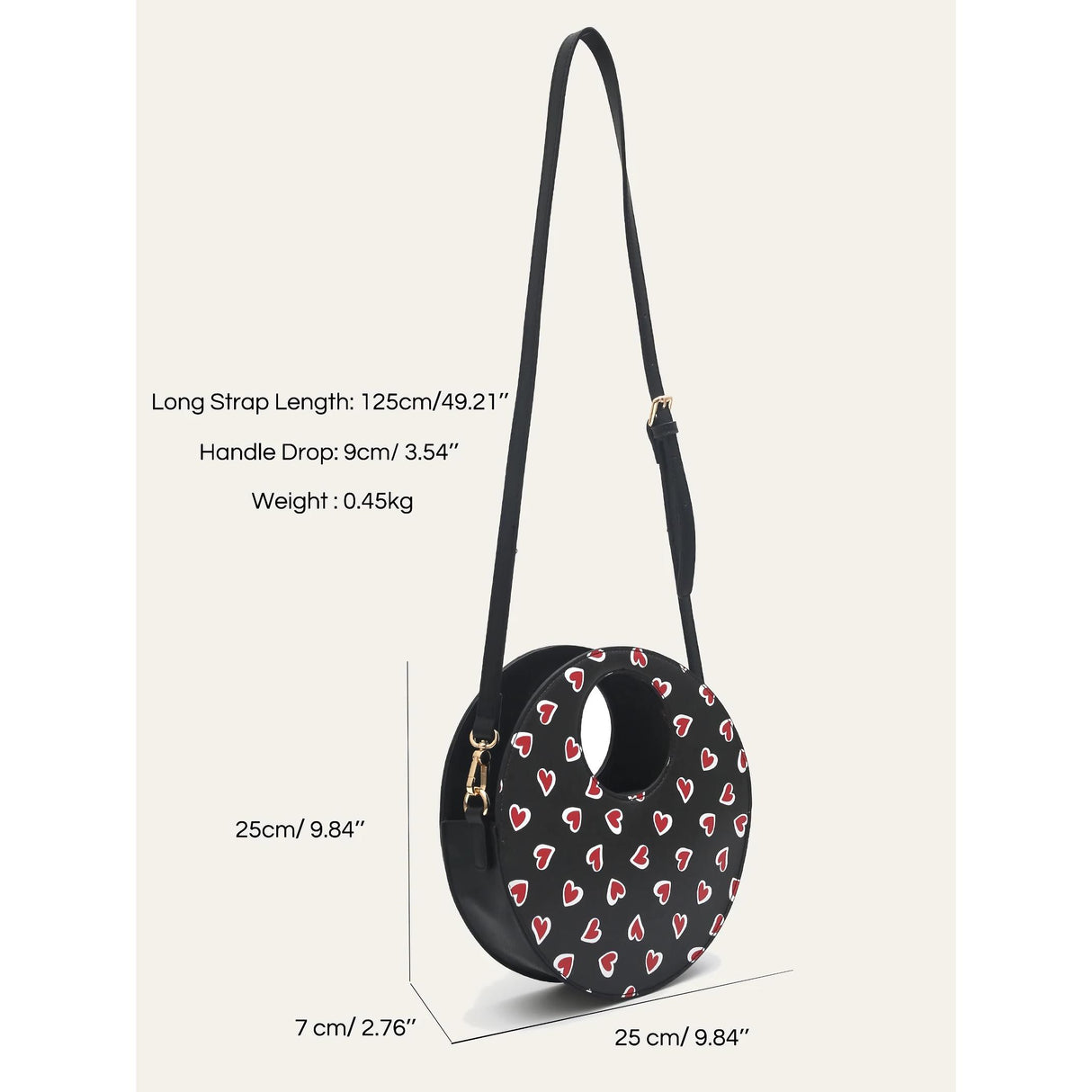 Bolso bandolera elegante redondo de piel vegana con estampado de corazones