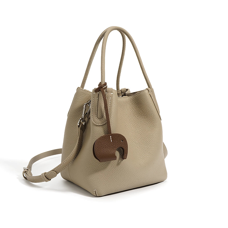 Bolso estilo cubo retro de piel auténtica para mujer: bolso de mano informal tipo bandolera o de hombro