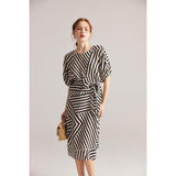 Elegant Striped Silk Mid-Calf Dress with Batwing Sleeves