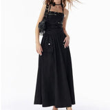 Elegant Basic Solid Black Backless Bandage Maxi Dress with Pockets