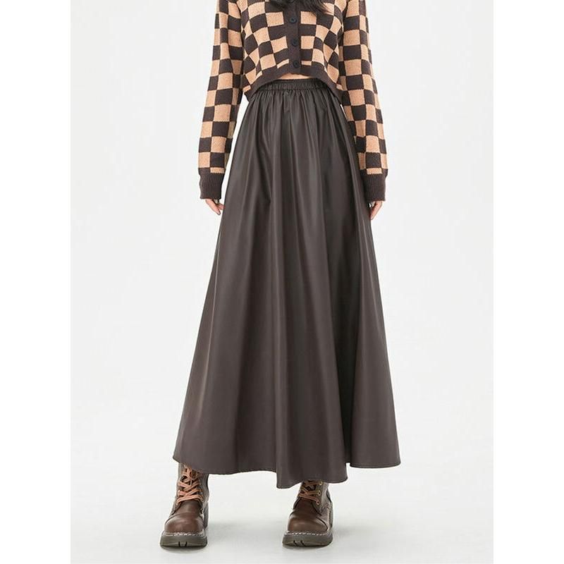 Autumn Winter Elegant A-Line Faux Leather Maxi Skirt