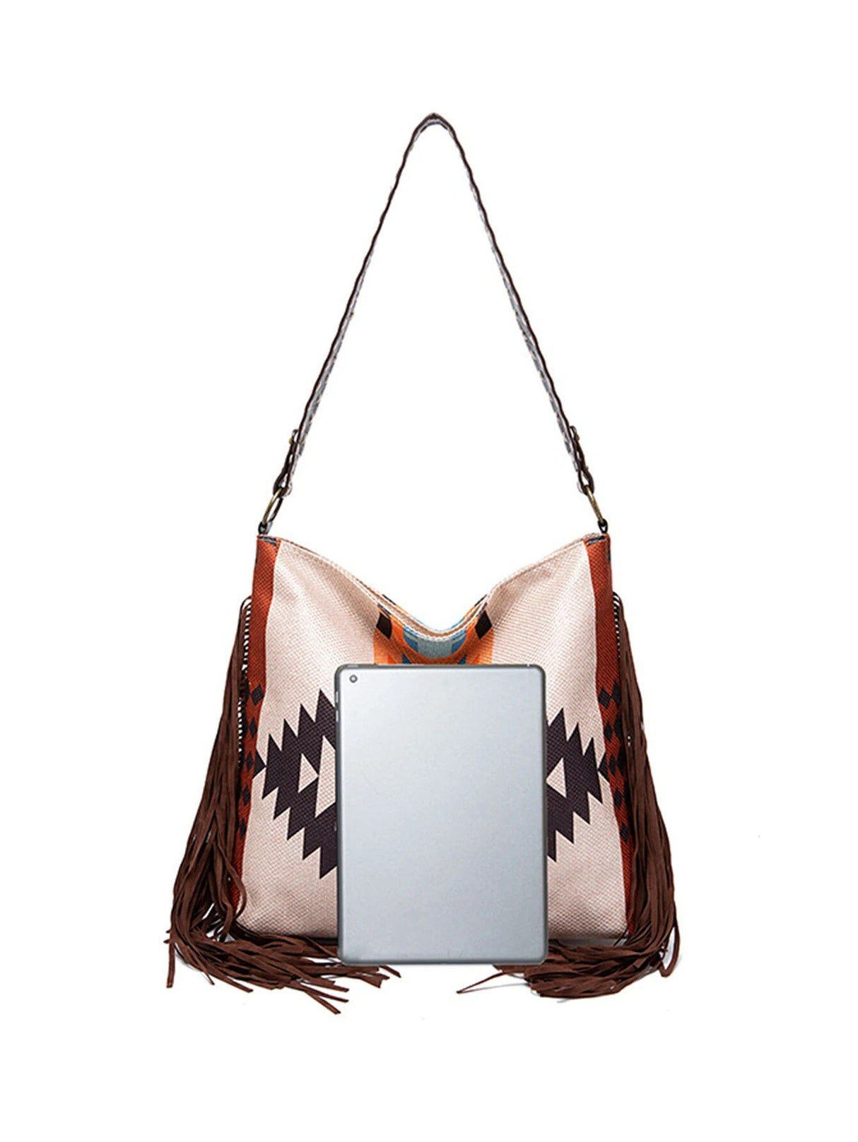 Bolso de hombro grande de lona bohemio chic con detalles de punto y borlas de colores