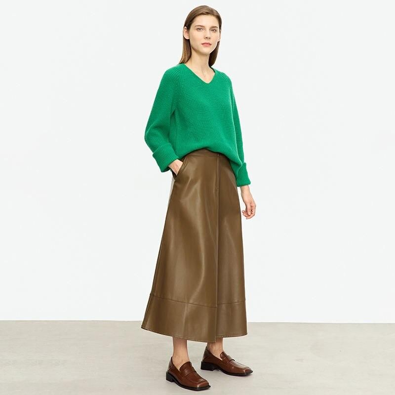 Elegante falda midi de cuero de corte A hasta los tobillos de otoño para mujer