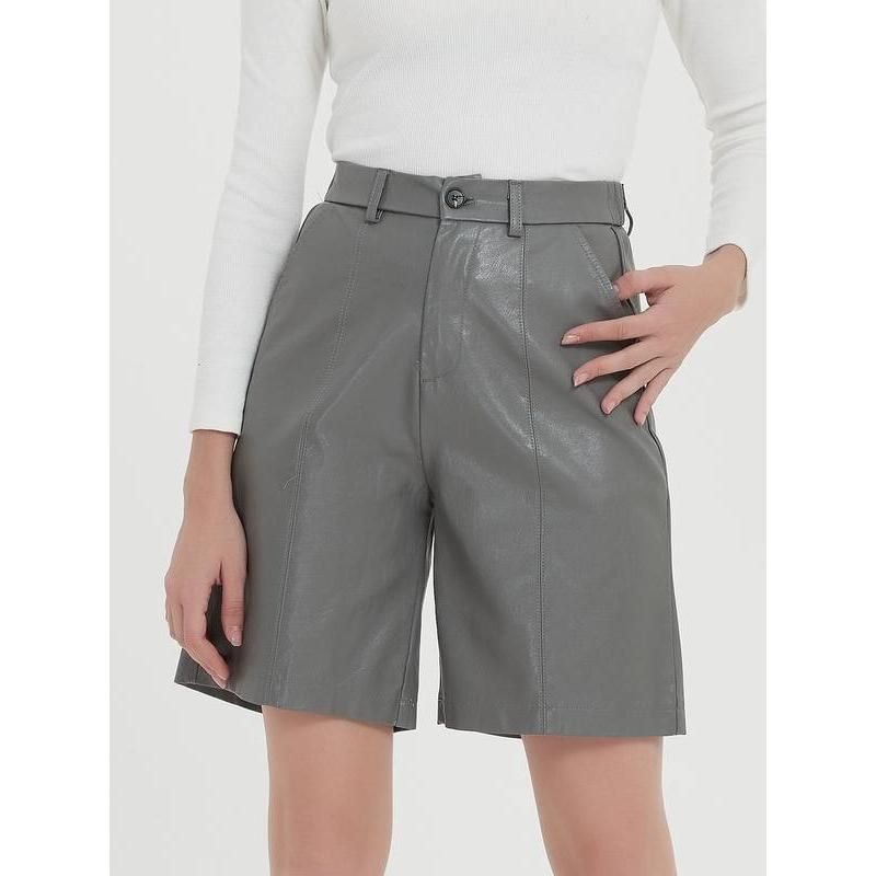 Elegantes pantalones cortos de cuero PU hasta la rodilla para mujer