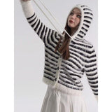 Striped Hooded Mohair Cardigan - Y2K Style Pom-Pom Knit Top