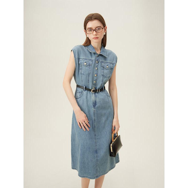 Summer Chic Sleeveless Denim Dress - Cotton Casual Straight Knee-Length