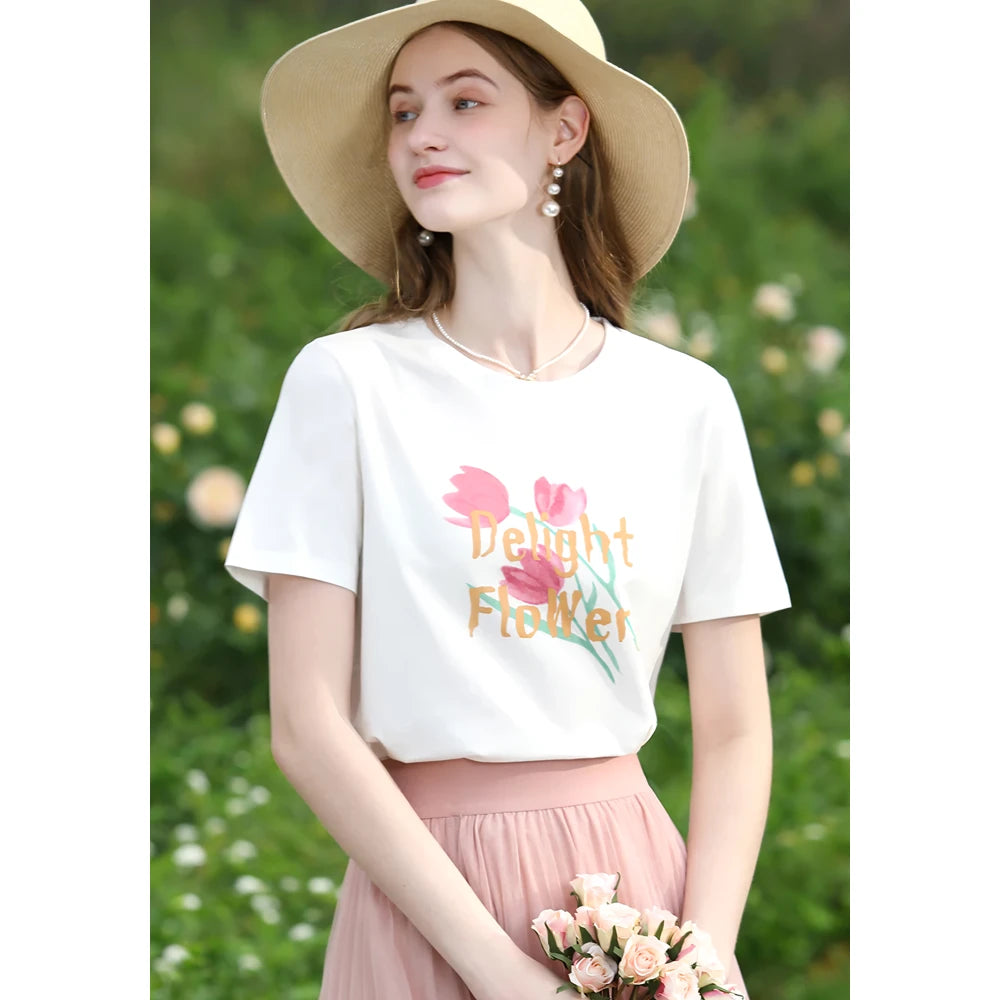 Slim-Fit Baumwoll-T-Shirt mit Tulpen-Print für Damen