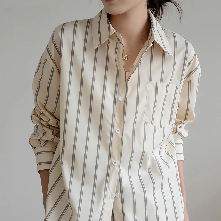 Elegant Striped Office Blouse with Drop Shoulder Design