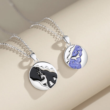 Whale and Deer Couple Necklace Round Geometric Coin Pendant - Dazpy