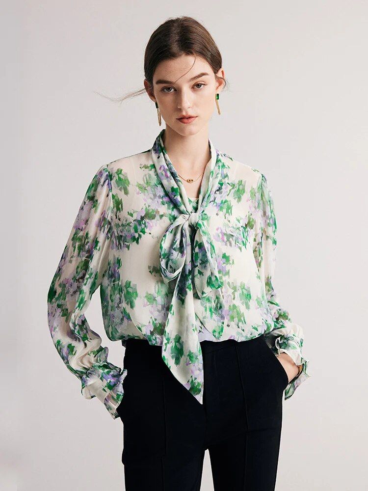 Floral Silk-Blend Bow Collar Blouse for Women