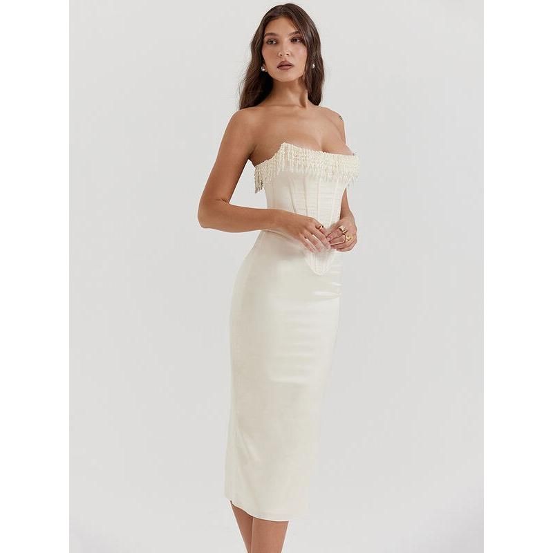 Off-Shoulder Pearl Tassel Bodycon Midi Dress