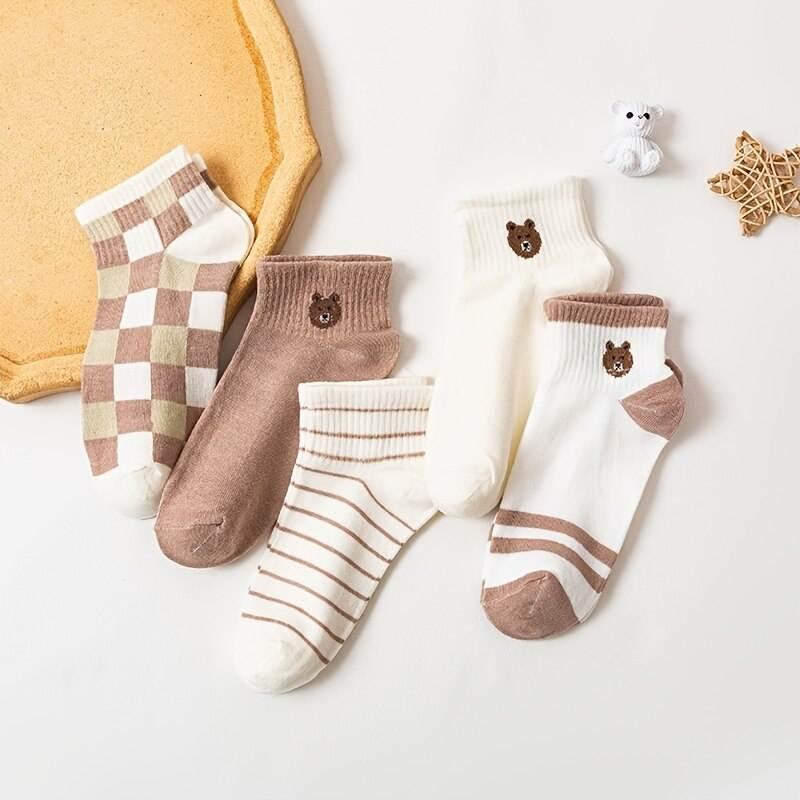 5 Paar süße Söckchen mit Teddybär-Motiv – bequeme kurze Crew-Socken