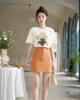 Spring Orange A-Line Skirt with High Waist and Symmetric Pockets