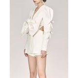 Fashion Women's White Blazer with Diamond Bow