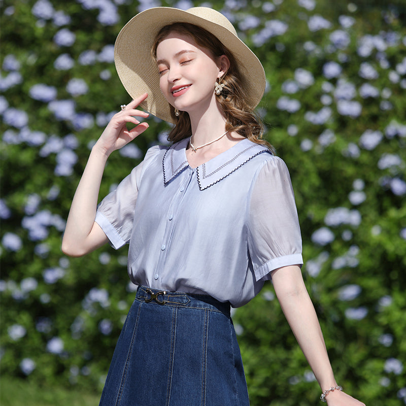 Blusa de manga abullonada con bordado francés para mujer