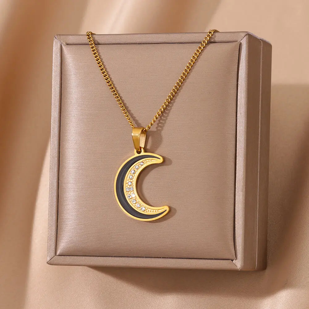 Gold Moon Pendant Necklace with Cubic Zirconia – Trendy Stainless Steel Jewelry