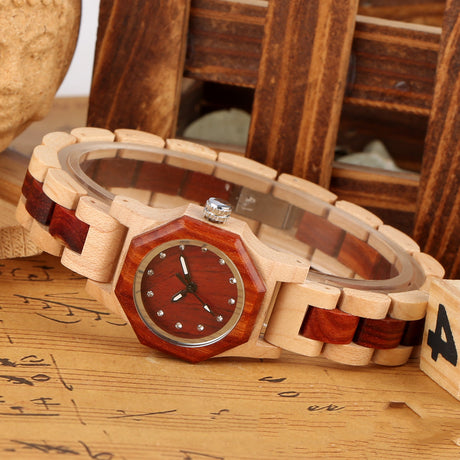 Bracelet Buckle Octagon Face Diamond Ladies Wooden Watch - Dazpy