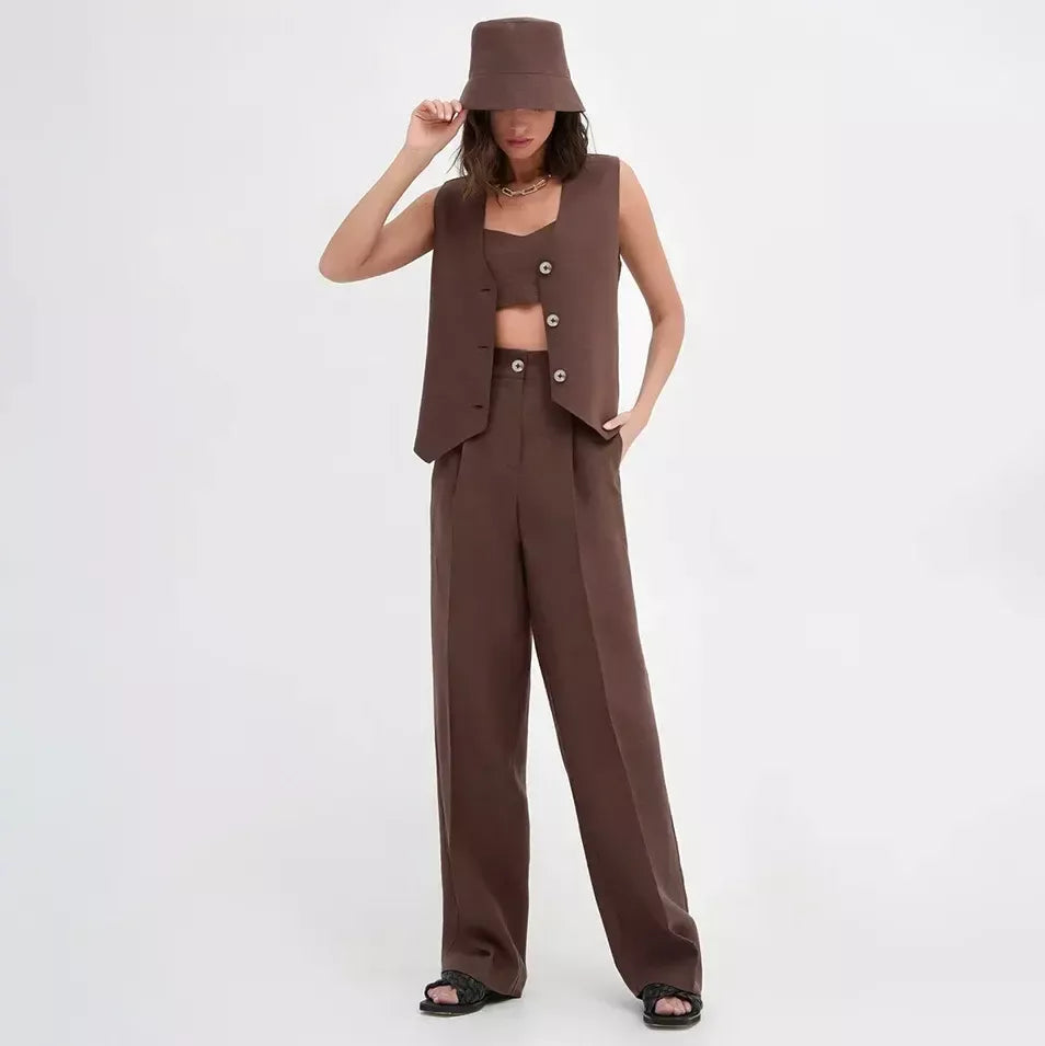 Cotton-Linen Blend Sleeveless Vest & Wide-Leg Pants Set