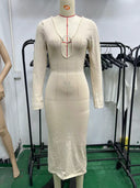 Vestido midi de punto de viscosa con escote en V y espalda descubierta para mujer