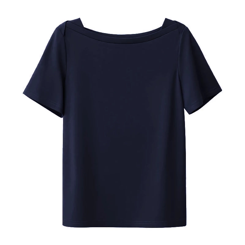 Camiseta minimalista de algodón con cuello de una sola línea para mujer