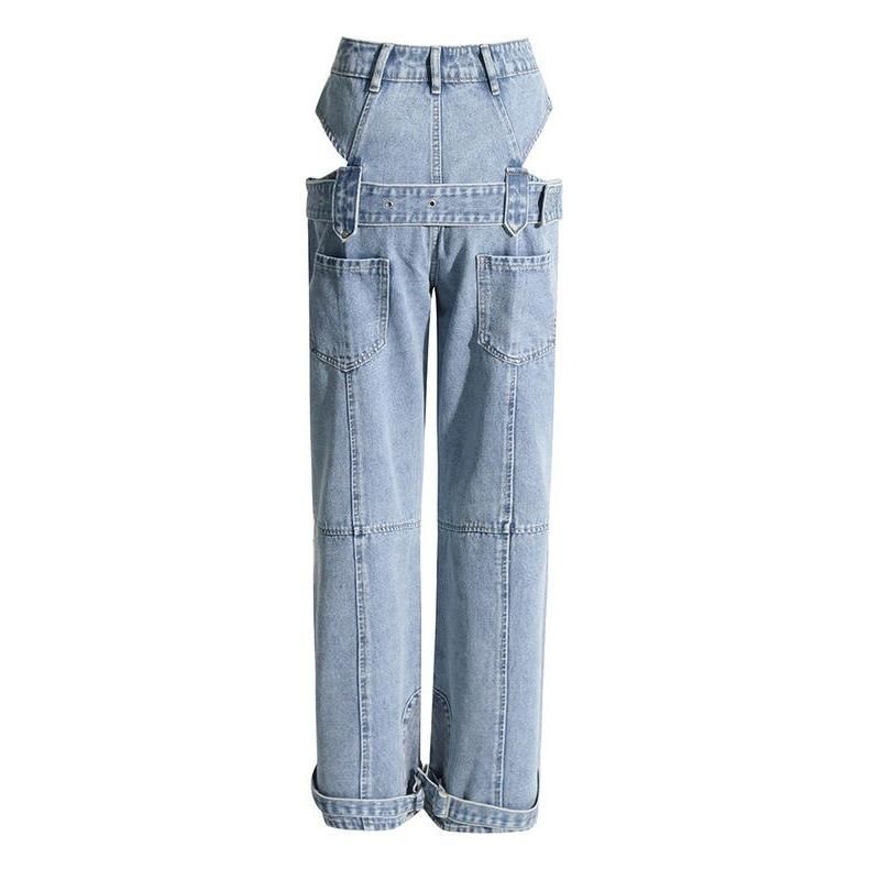 High Waist Casual Straight Denim Trousers with Hollow Out Detail