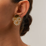 18K Gold Plated Daisy Stud Earrings in White Dripping Oil Finish