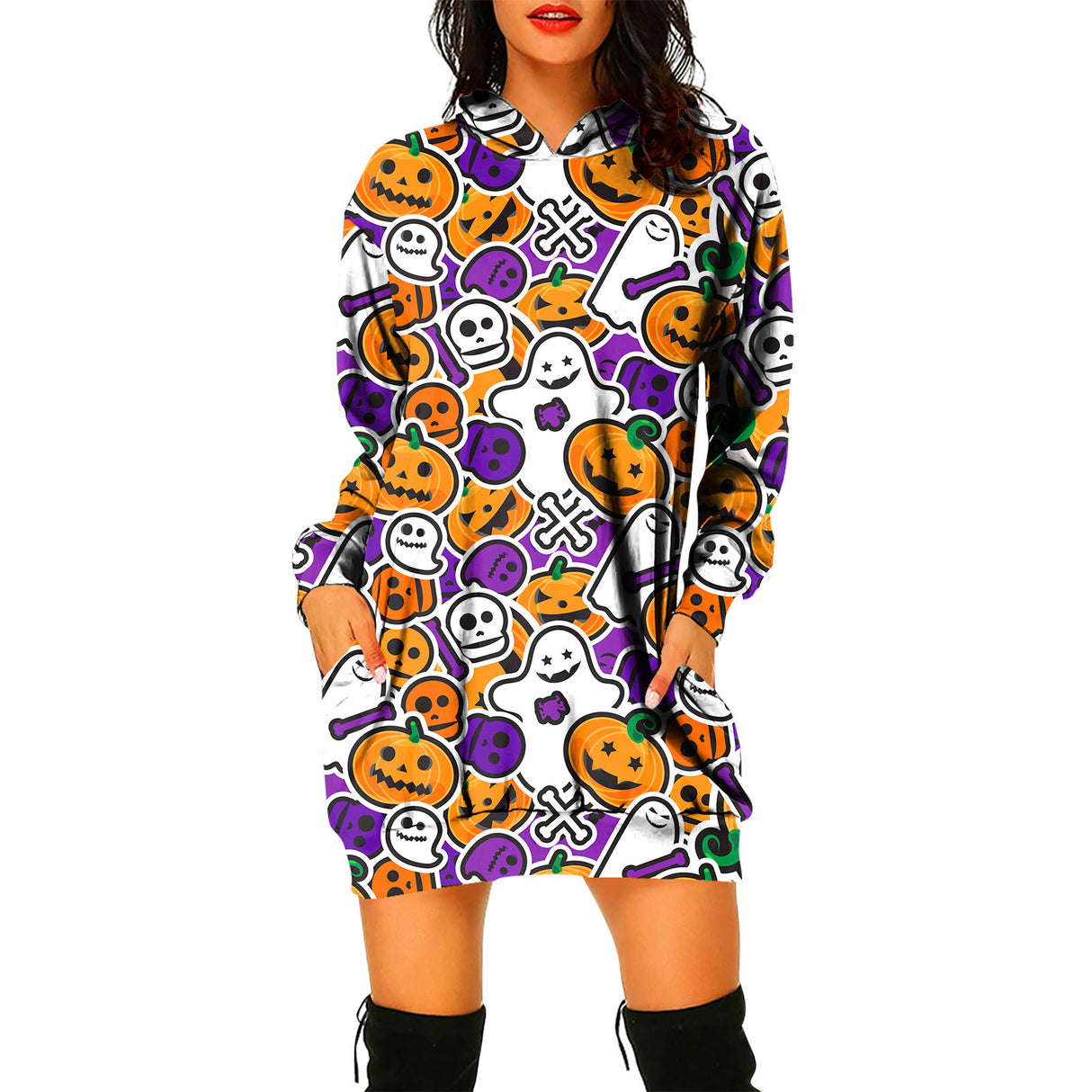 Pulloverkleid mit Kapuze für Damen mit Halloween-Motiv