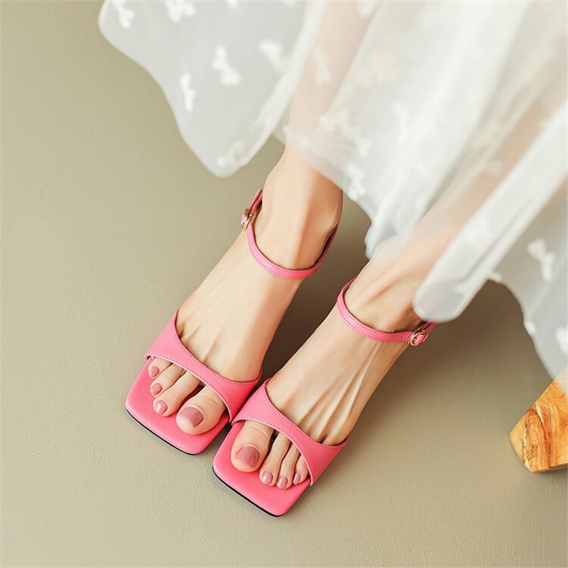 Square Toe Leather Mule Sandals with Elegant Buckle