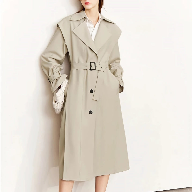 Minimalistischer langer Trenchcoat für Damen – Herbstlicher Umlegekragen, Patchwork, einreihig