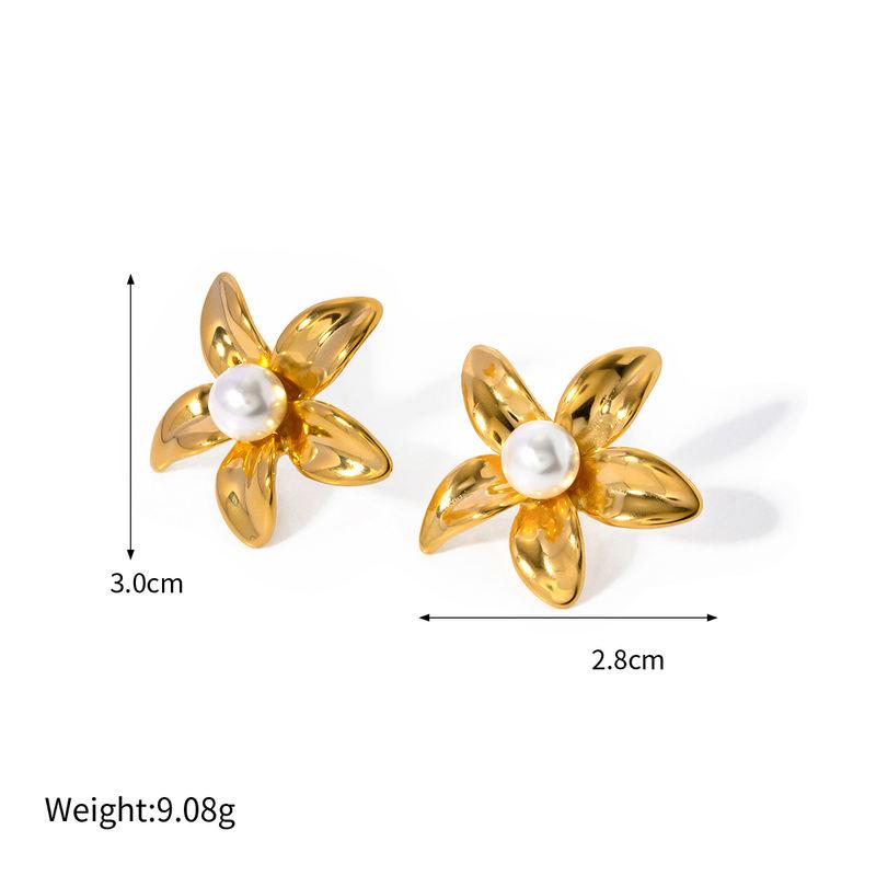 Pendientes de acero inoxidable con forma de flor en oro de 18 quilates con incrustaciones de perlas